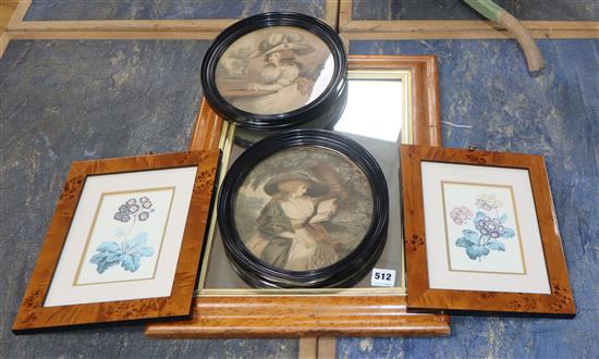 A maple-framed mirror and two pairs of prints mirror overall 53 x 40cm